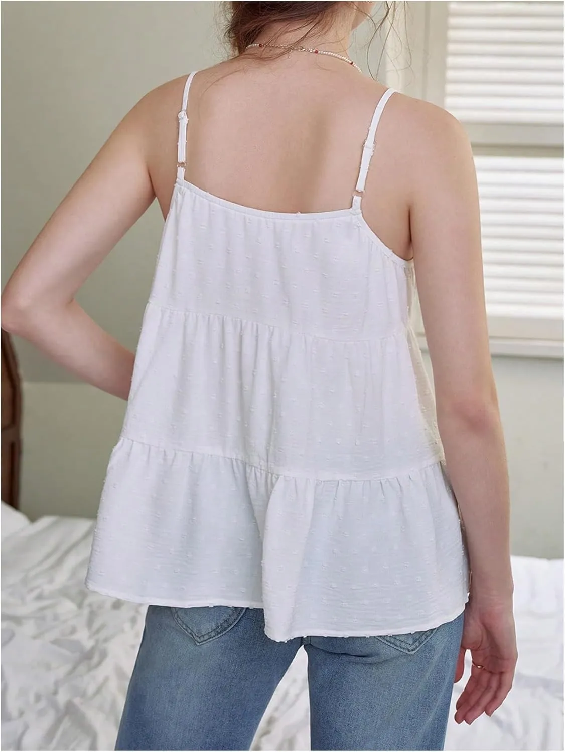 SOLY HUX Women's Summer Ruffle Tie Front Tops Spaghetti Strap Scoop Neck Babydoll Camisole Top