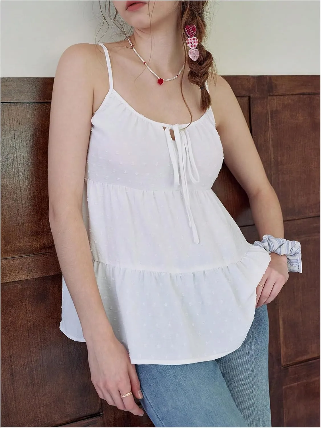 SOLY HUX Women's Summer Ruffle Tie Front Tops Spaghetti Strap Scoop Neck Babydoll Camisole Top