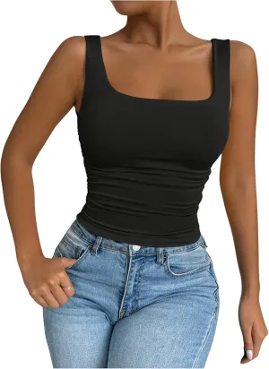 SOLY HUX Women's Summer Sleeveless Square Neck Tank Top Ruched Slim Fit Basic Vest Tops