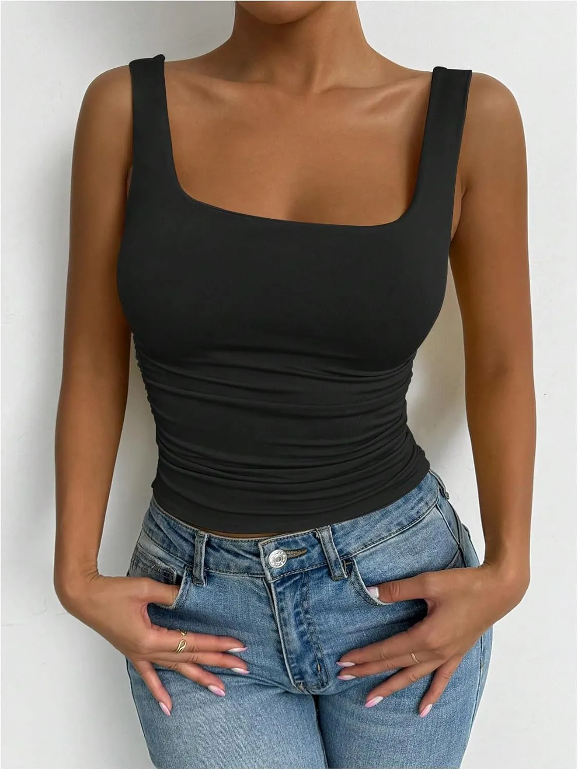 SOLY HUX Women's Summer Sleeveless Square Neck Tank Top Ruched Slim Fit Basic Vest Tops