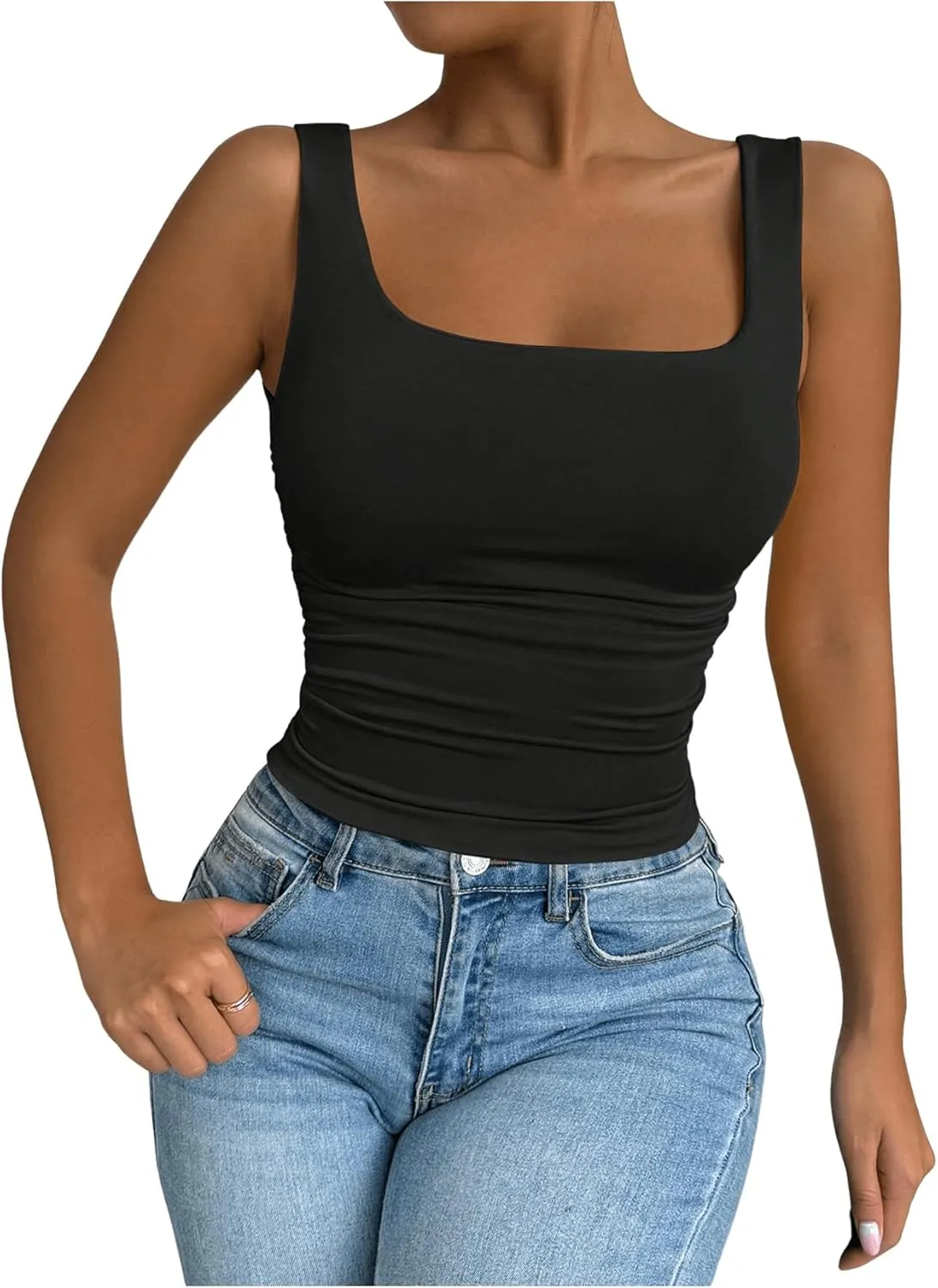 SOLY HUX Women's Summer Sleeveless Square Neck Tank Top Ruched Slim Fit Basic Vest Tops
