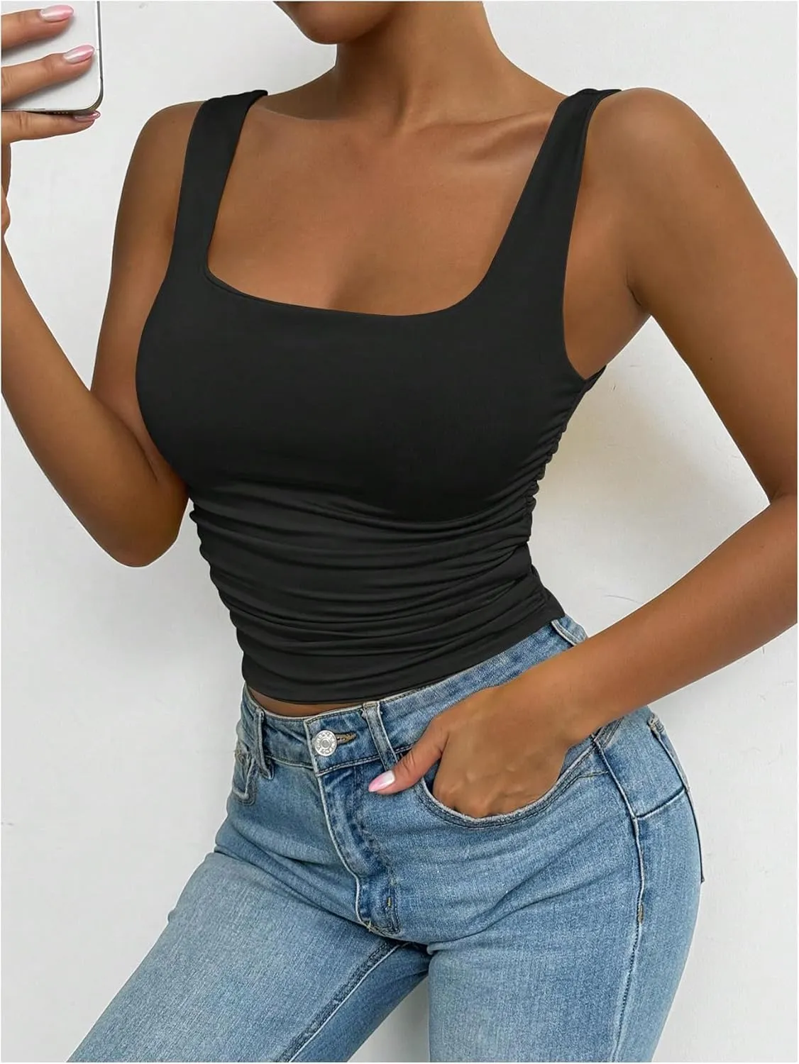 SOLY HUX Women's Summer Sleeveless Square Neck Tank Top Ruched Slim Fit Basic Vest Tops