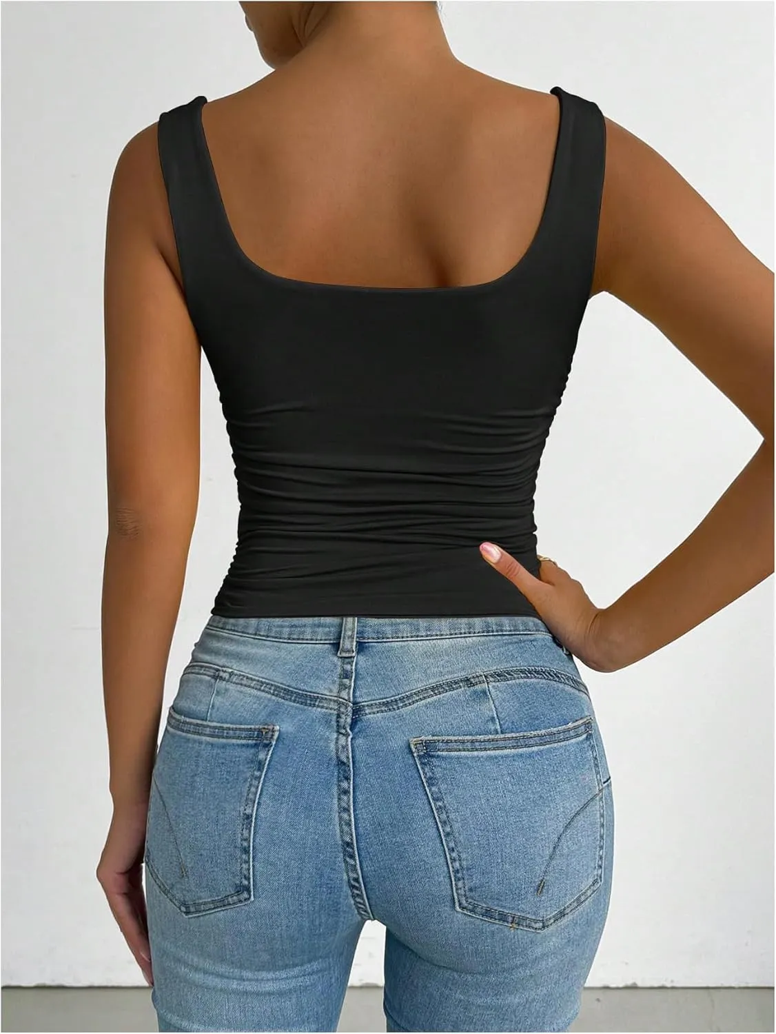 SOLY HUX Women's Summer Sleeveless Square Neck Tank Top Ruched Slim Fit Basic Vest Tops