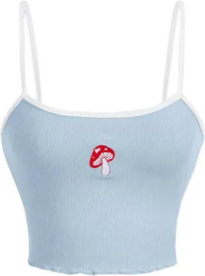 SOLY HUX Women's Summer Spaghetti Straps Ribbed Knit Graphic Print Fitted Camisole Cute Crop Tops