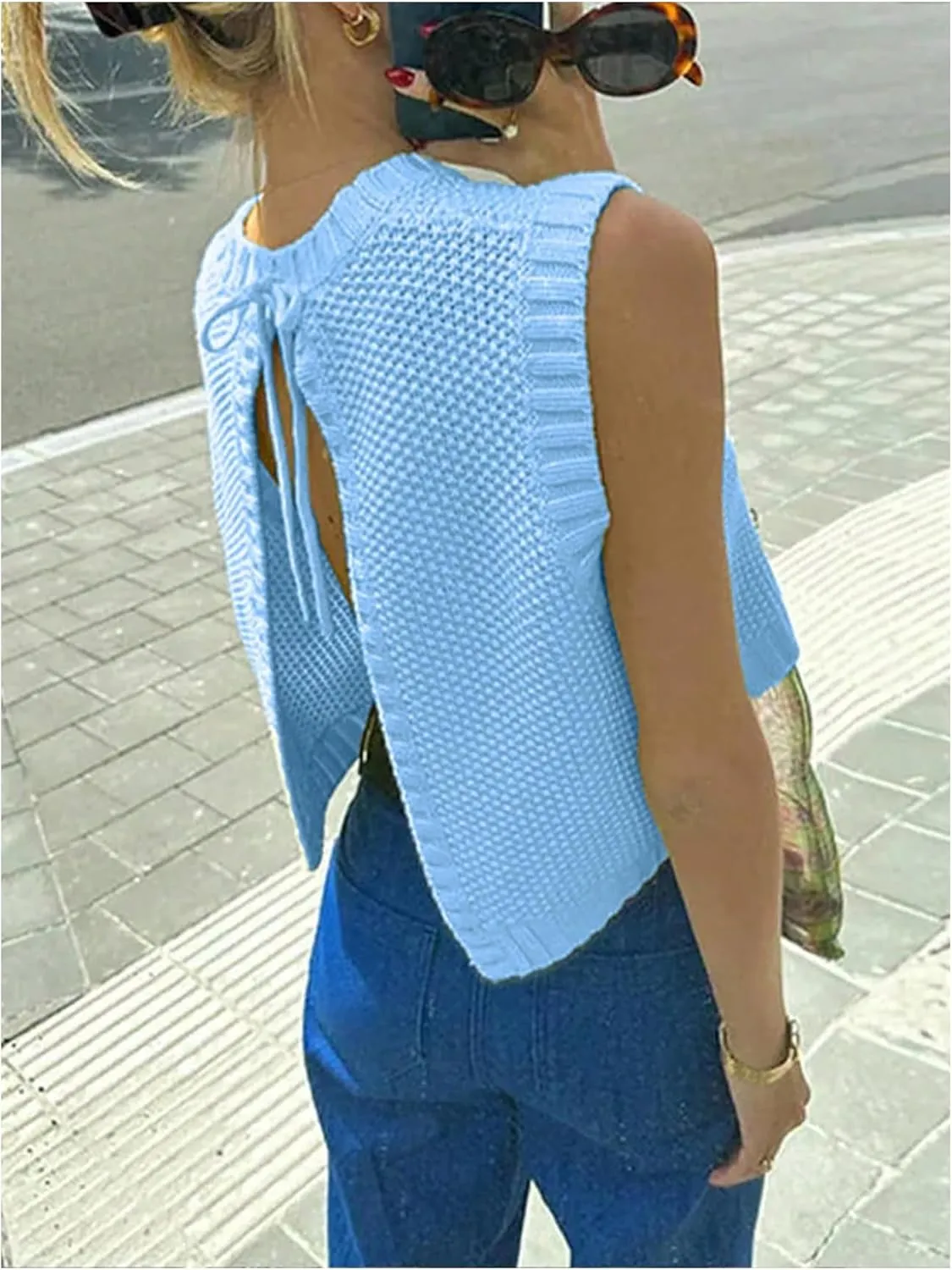 SOLY HUX Women's Tie Open Back Sweater Vest Crew Neck Sleeveless Backless Knit Tank Tops