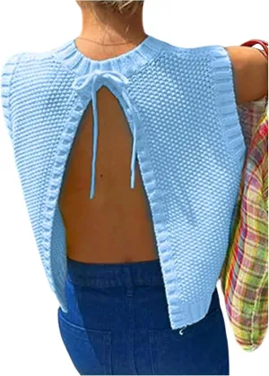 SOLY HUX Women's Tie Open Back Sweater Vest Crew Neck Sleeveless Backless Knit Tank Tops