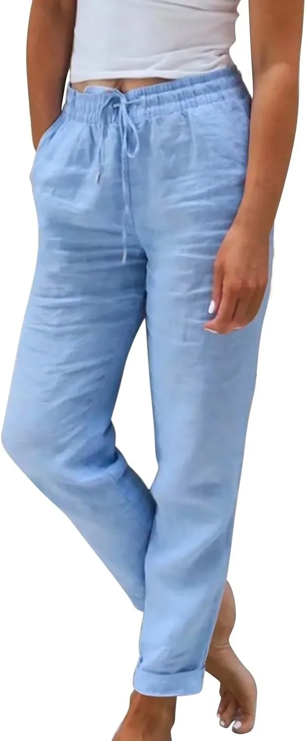 Straight Leg Linen Pants Women Summer Elastic High Waisted Beach Pants with Pockets Casual Plus Size Trousers