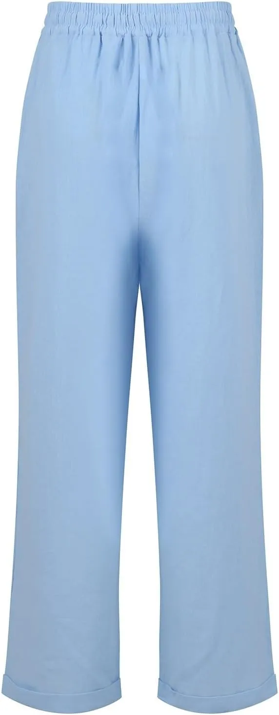 Straight Leg Linen Pants Women Summer Elastic High Waisted Beach Pants with Pockets Casual Plus Size Trousers