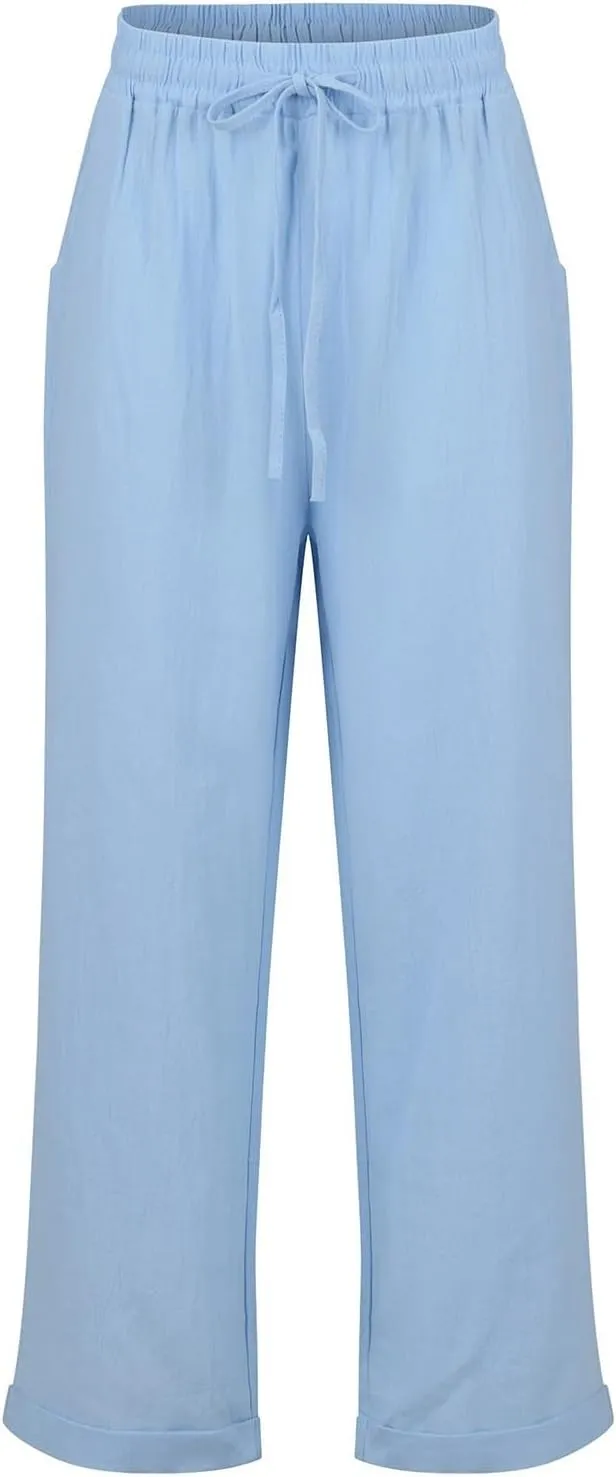 Straight Leg Linen Pants Women Summer Elastic High Waisted Beach Pants with Pockets Casual Plus Size Trousers