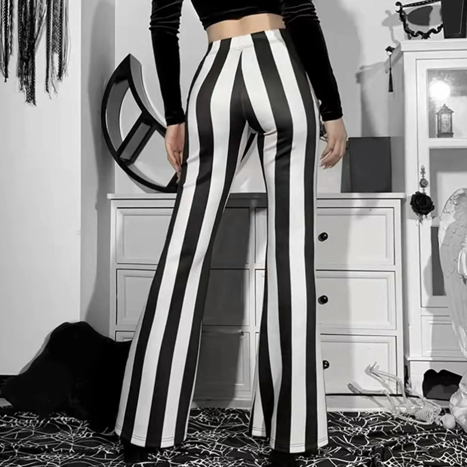 Stripe Long Pants Trousers Vertical Flare Bell Stretch Women High Waist Bottoms Plus Size Pants Crop Pants for