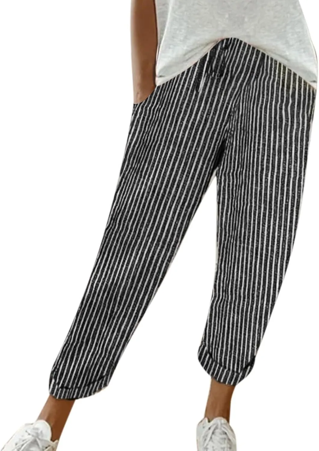 Striped Linen Pants Women Casual High Waisted Wide Leg Cropped Pants Summer Boho Gauze Capri Pant with Pockets