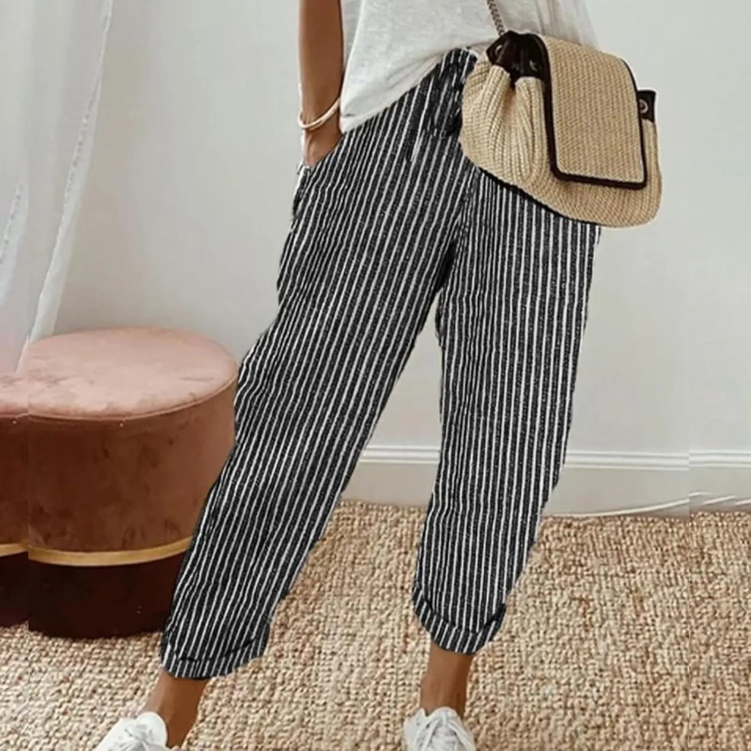 Striped Linen Pants Women Casual High Waisted Wide Leg Cropped Pants Summer Boho Gauze Capri Pant with Pockets