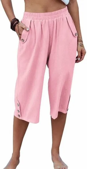 Summer Linen Cropped Trousers for Women Elastic Waist Button Fly Comfy Solid Color Capri Pants Quick Dry Running Sweatpants