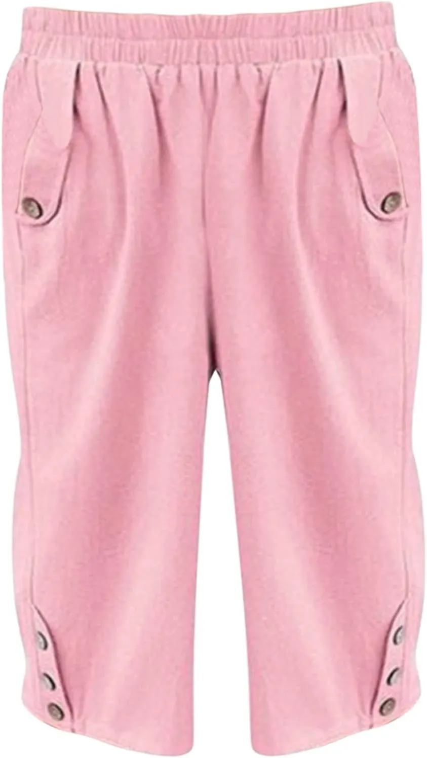 Summer Linen Cropped Trousers for Women Elastic Waist Button Fly Comfy Solid Color Capri Pants Quick Dry Running Sweatpants