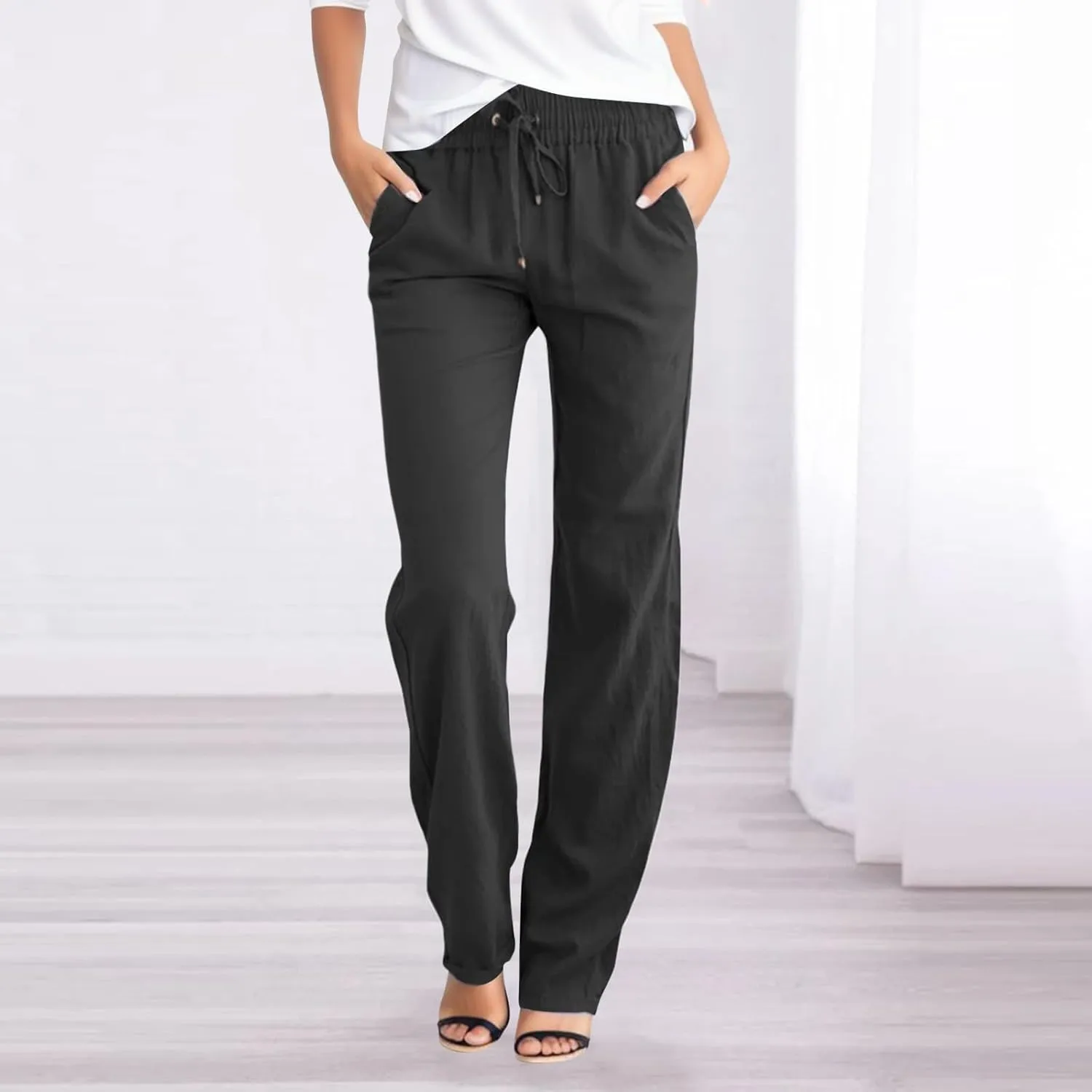 Summer Linen Pants Women Casual Lightweight Loose Lounge Trouser Drawstring Elastic High Waist Comfy Palazzo Long Pant