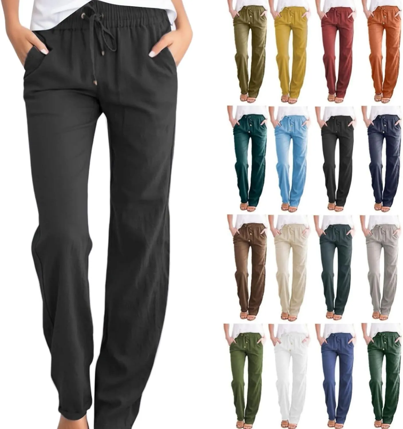 Summer Linen Pants Women Casual Lightweight Loose Lounge Trouser Drawstring Elastic High Waist Comfy Palazzo Long Pant