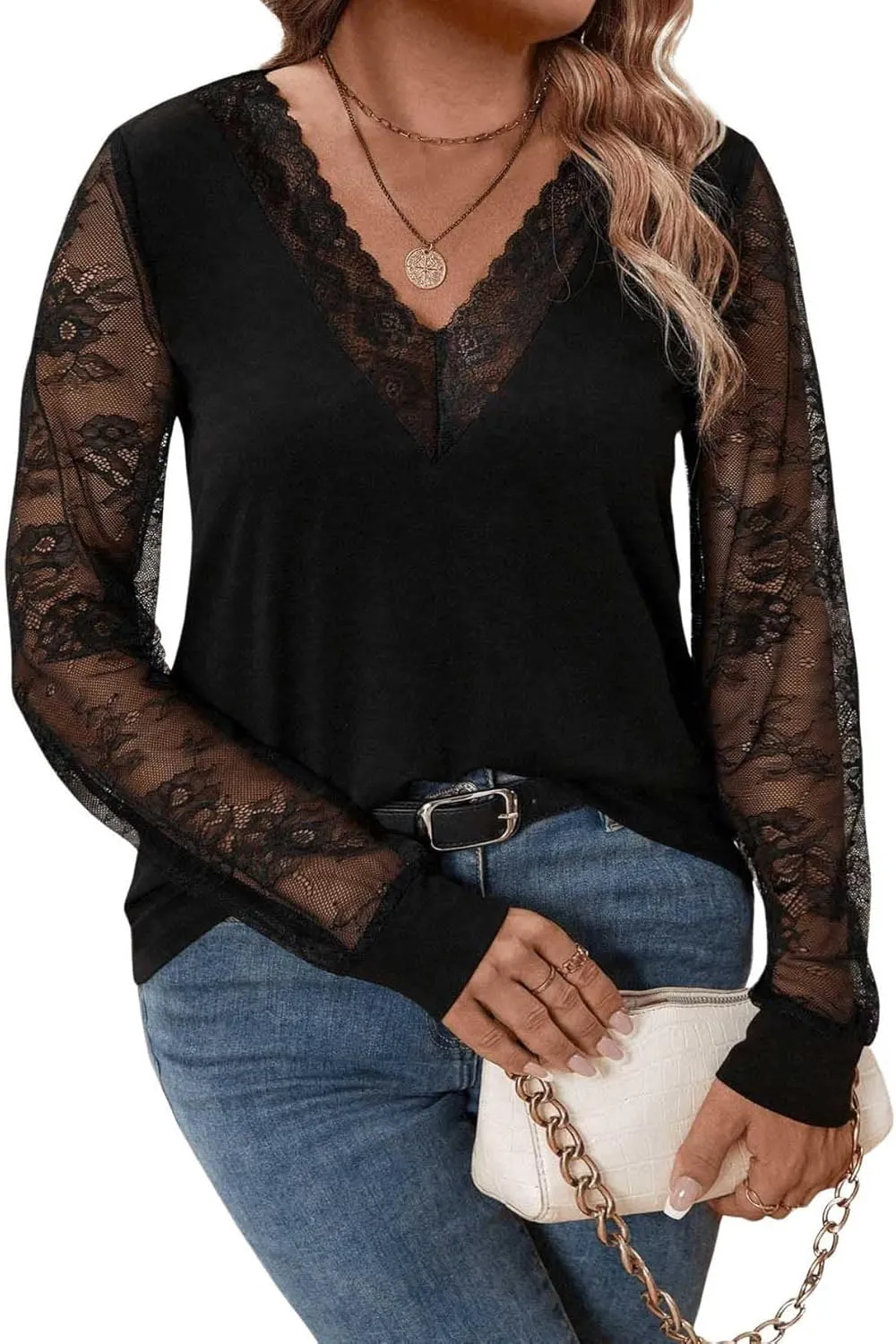 SweatyRocks Women's Plus Size Lace Tops Mesh Long Sleeve V Neck Fitted Tshirts