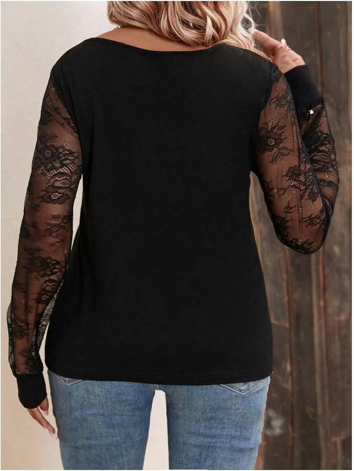 SweatyRocks Women's Plus Size Lace Tops Mesh Long Sleeve V Neck Fitted Tshirts