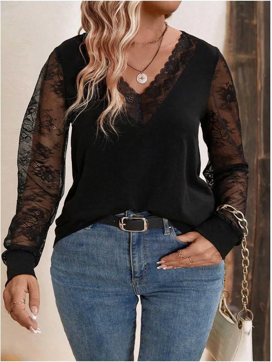 SweatyRocks Women's Plus Size Lace Tops Mesh Long Sleeve V Neck Fitted Tshirts