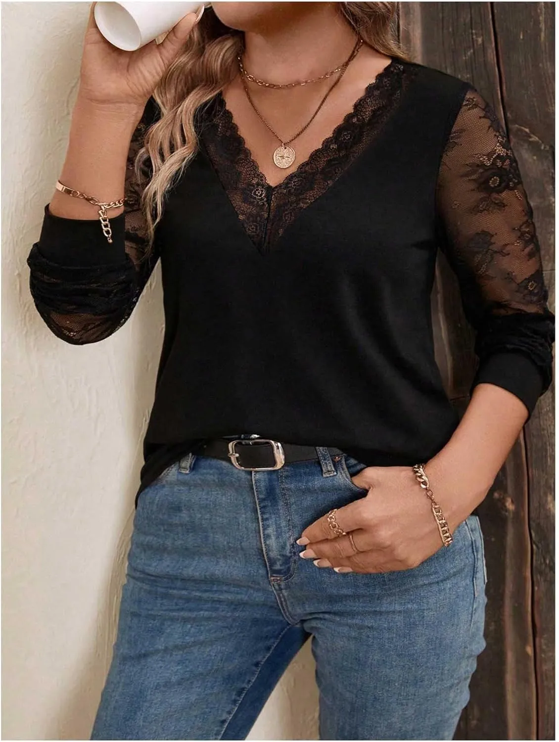 SweatyRocks Women's Plus Size Lace Tops Mesh Long Sleeve V Neck Fitted Tshirts
