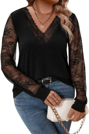 SweatyRocks Women's Plus Size Lace Tops Mesh Long Sleeve V Neck Fitted Tshirts