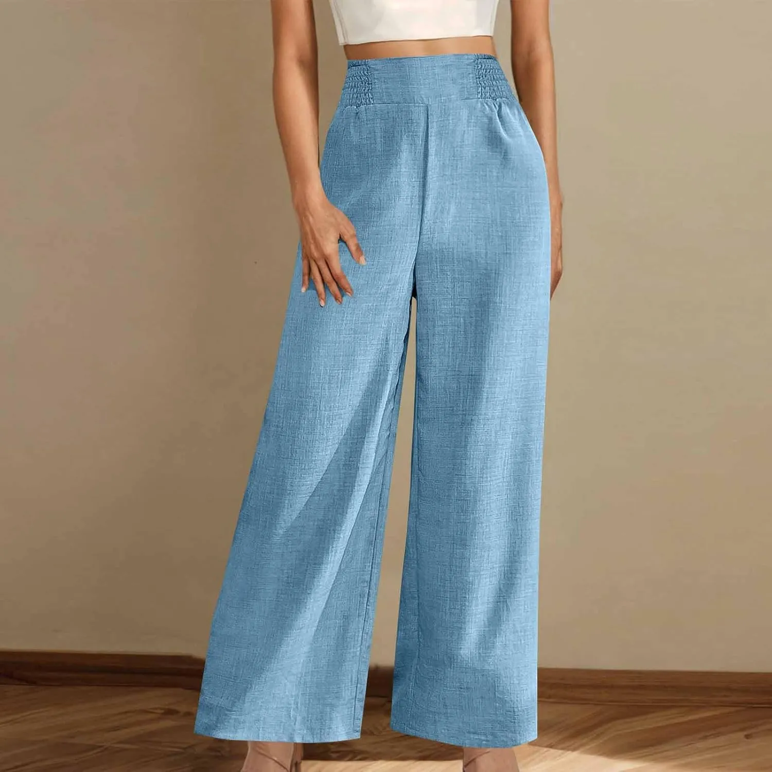 TARIENDY Beach Pants for Women Petite Women's high Waist Wide Leg Trousers Summer Casual Outfits Elastic Pants with Pockets