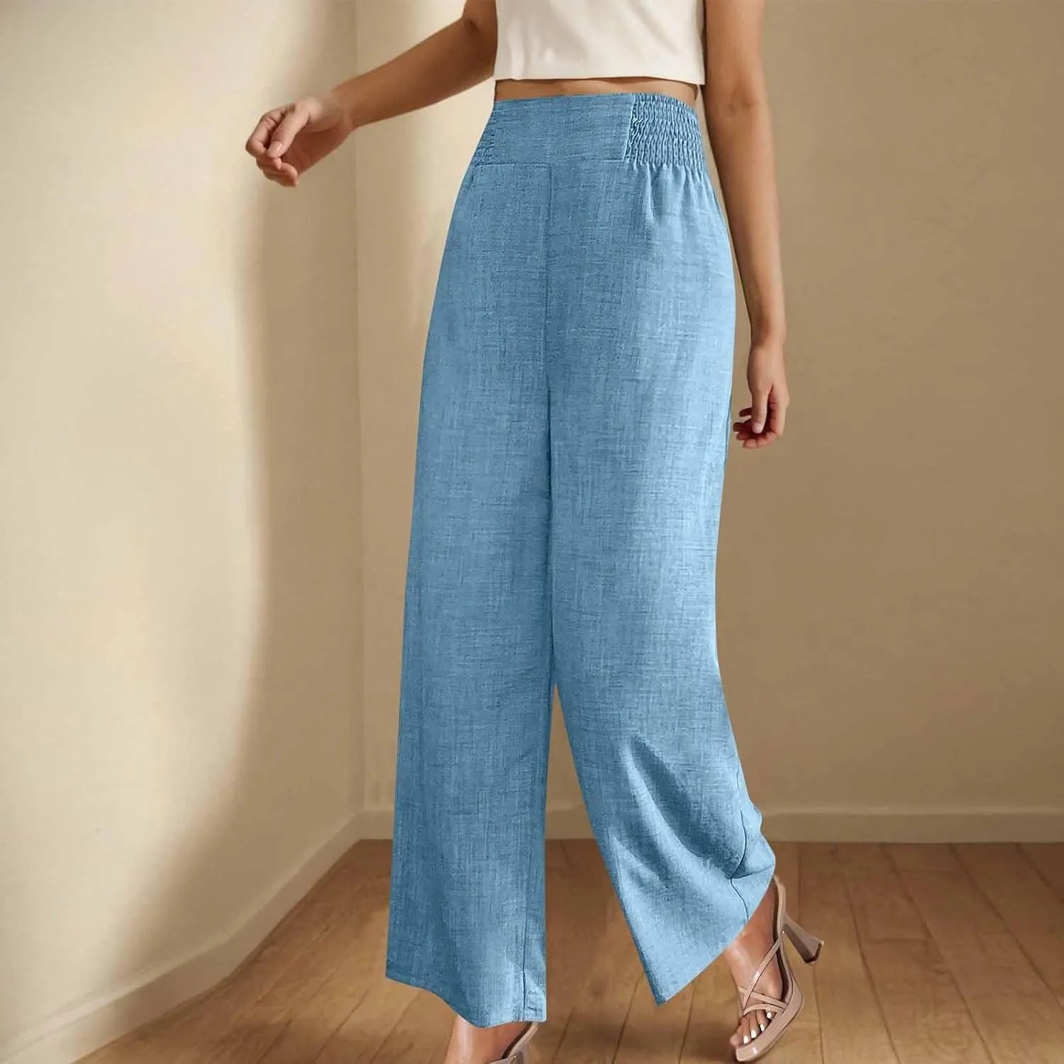 TARIENDY Beach Pants for Women Petite Women's high Waist Wide Leg Trousers Summer Casual Outfits Elastic Pants with Pockets