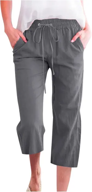 TARIENDY Capris Pants for Women Casual Summer 2025 Straight Wide Leg Elastic Drawstring Pants High Waisted Cropped Trouser
