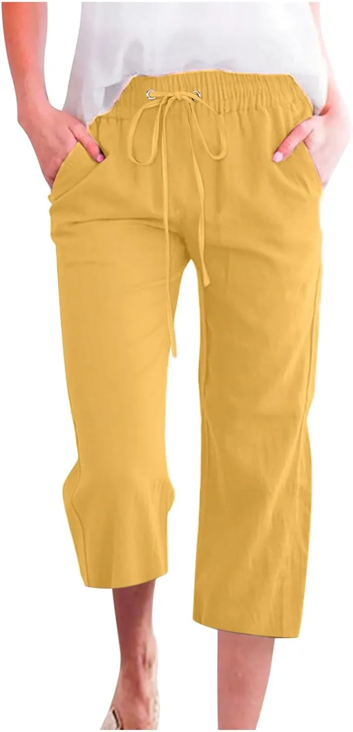 TARIENDY Stretchy Capris for Women Women's high Waist Wide Leg Capris 2025 Summer Casual Outfits Elastic Drawstring Pants