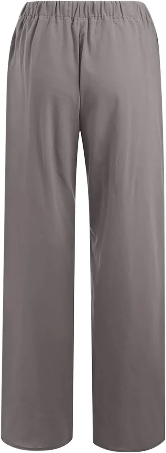TARIENDY Women's Cotton Linen Pants Drawstring Elastic High Waist Wide Leg Lounge Palazzo Trousers Beach Vacation Outfits