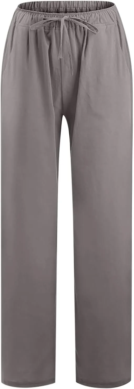 TARIENDY Women's Cotton Linen Pants Drawstring Elastic High Waist Wide Leg Lounge Palazzo Trousers Beach Vacation Outfits