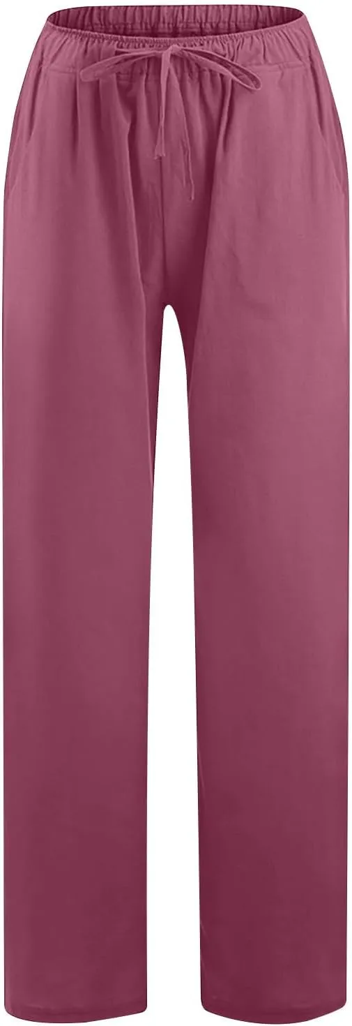TARIENDY Women's Cotton Linen Pants Drawstring Elastic High Waist Wide Leg Lounge Palazzo Trousers Beach Vacation Outfits