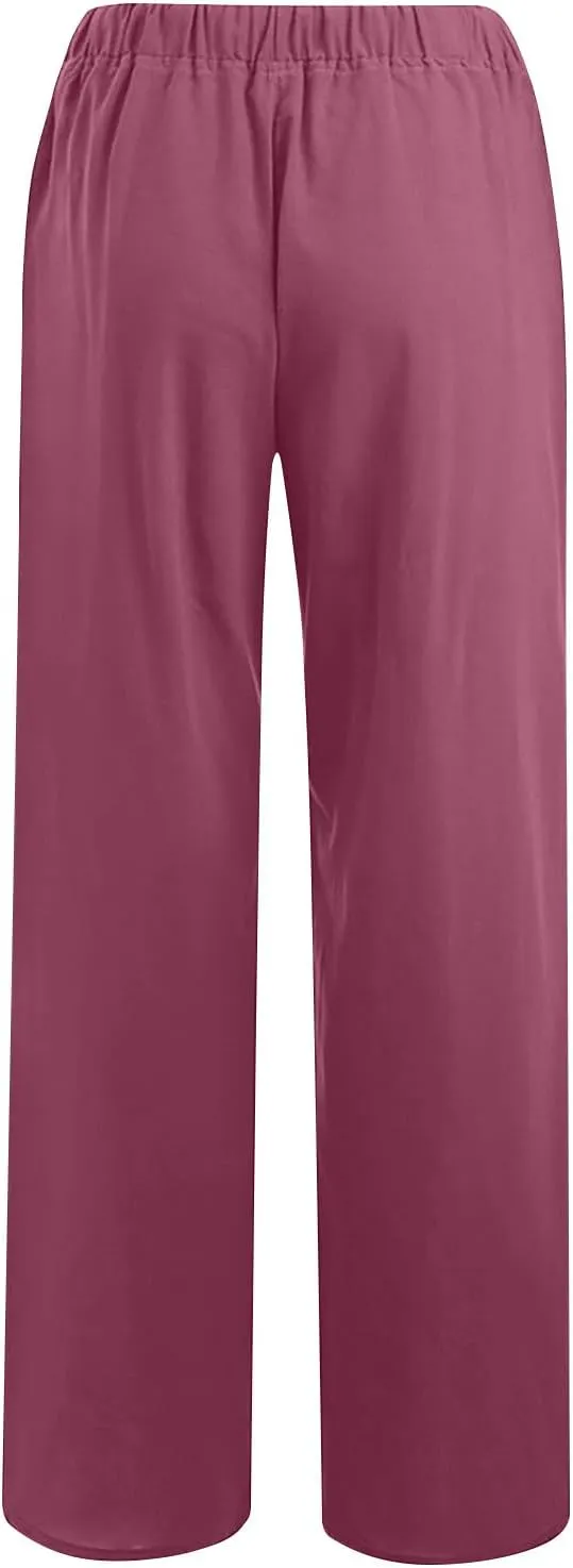 TARIENDY Women's Cotton Linen Pants Drawstring Elastic High Waist Wide Leg Lounge Palazzo Trousers Beach Vacation Outfits