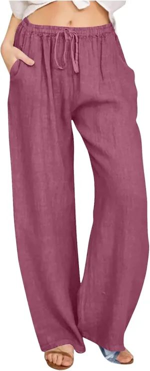 TARIENDY Women's Cotton Linen Pants Drawstring Elastic High Waist Wide Leg Lounge Palazzo Trousers Beach Vacation Outfits