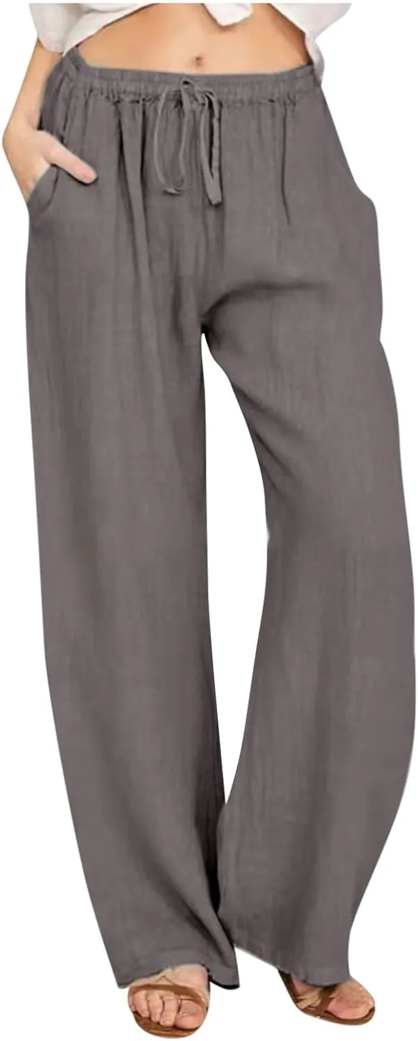 TARIENDY Women's Cotton Linen Pants Drawstring Elastic High Waist Wide Leg Lounge Palazzo Trousers Beach Vacation Outfits
