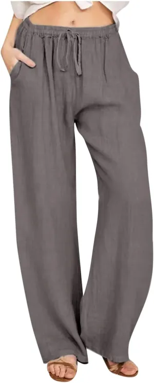 TARIENDY Women's Cotton Linen Pants Drawstring Elastic High Waist Wide Leg Lounge Palazzo Trousers Beach Vacation Outfits