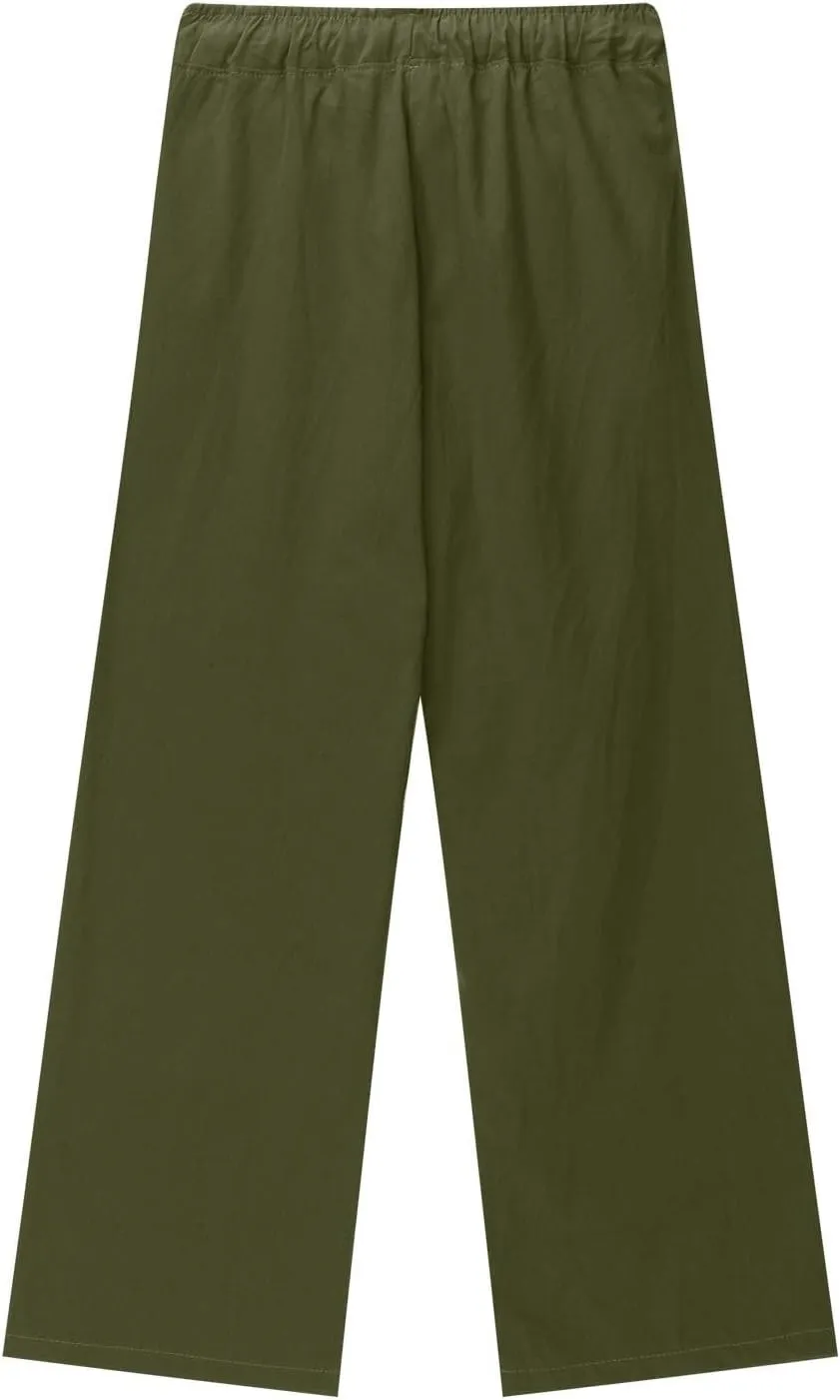 Teen Girls Casual Cotton Linen Pants Lightweight Summer Wide Leg Pant Loose Elastic Waist Plus Size Lounge Long Trousers