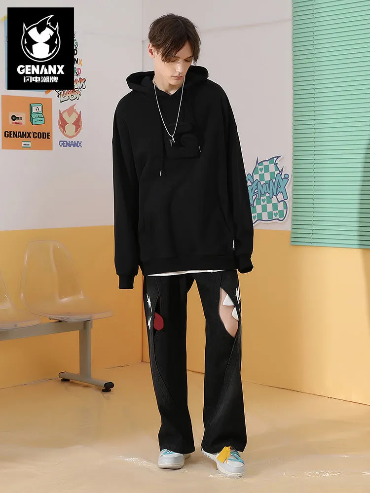 Three-dimensional letter decoration Lightning King applique cloth embroidered hooded shoulder drop cotton hoodie
