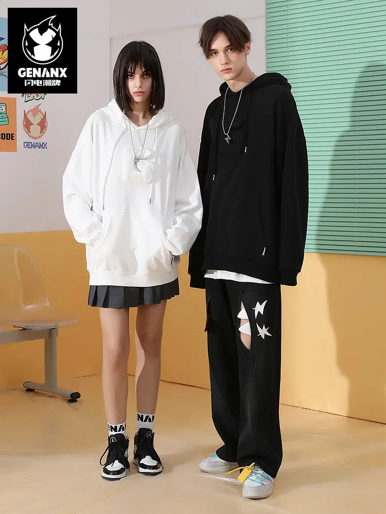 Three-dimensional letter decoration Lightning King applique cloth embroidered hooded shoulder drop cotton hoodie