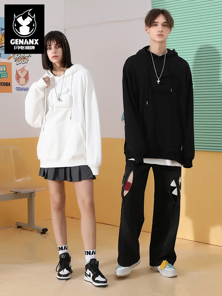 Three-dimensional letter decoration Lightning King applique cloth embroidered hooded shoulder drop cotton hoodie