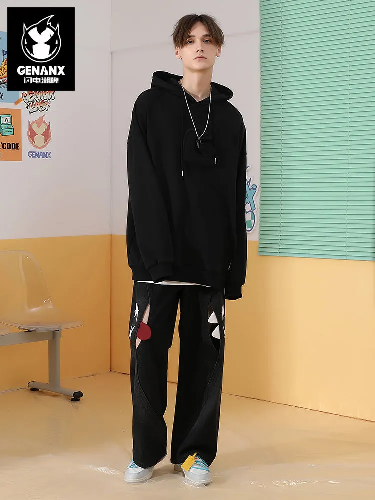Three-dimensional letter decoration Lightning King applique cloth embroidered hooded shoulder drop cotton hoodie
