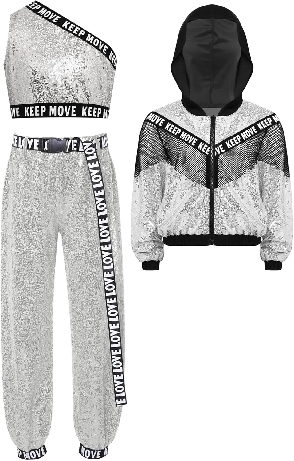 TiaoBug 3Pcs Girls Jazz Dance Outfits Sequin Zip Up Hooded Jacket Cropped Vest with Harem Pants Set