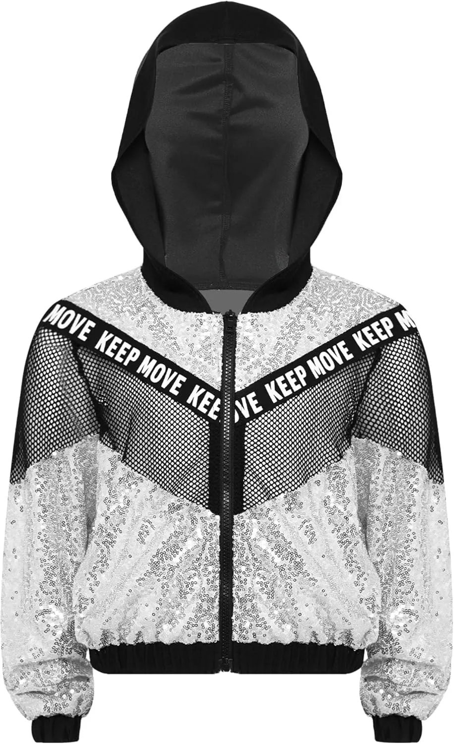 TiaoBug 3Pcs Girls Jazz Dance Outfits Sequin Zip Up Hooded Jacket Cropped Vest with Harem Pants Set