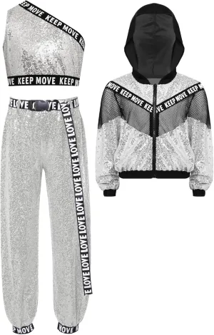 TiaoBug 3Pcs Girls Jazz Dance Outfits Sequin Zip Up Hooded Jacket Cropped Vest with Harem Pants Set