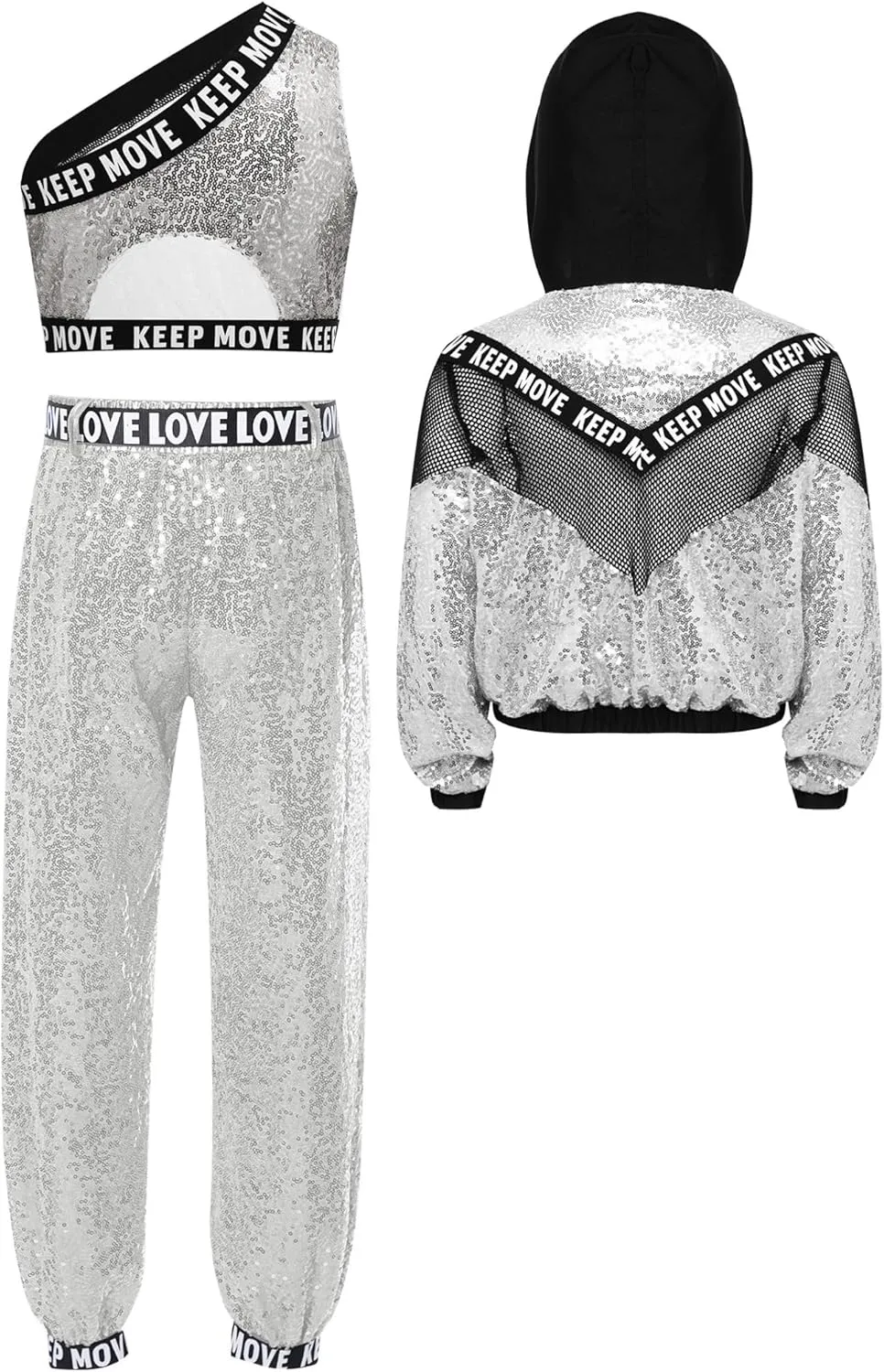 TiaoBug 3Pcs Girls Jazz Dance Outfits Sequin Zip Up Hooded Jacket Cropped Vest with Harem Pants Set