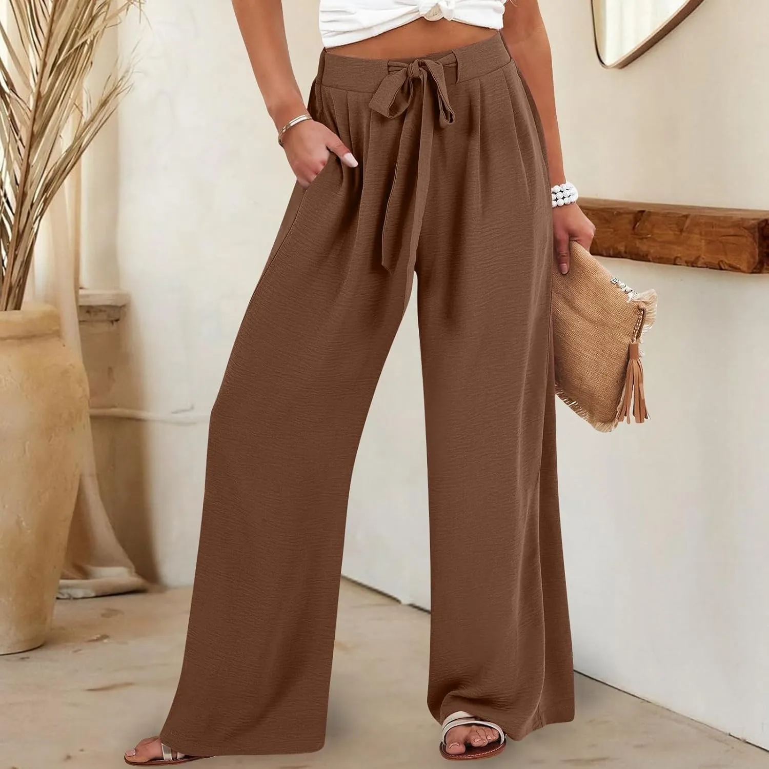 Trendy Wide Leg Palazzo Pants for Women Summer High Waist Flowy Casual Trousers Lounge Beach Travel Vacation Outfits