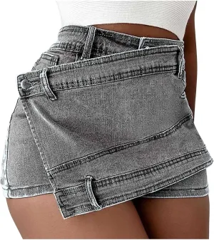 Uillui Women's Y2K Distressed Booty Denim Skorts Trendy High Waist Asymmetrical Hem Stretchy Skinny Jean Skorts Skirt Shorts