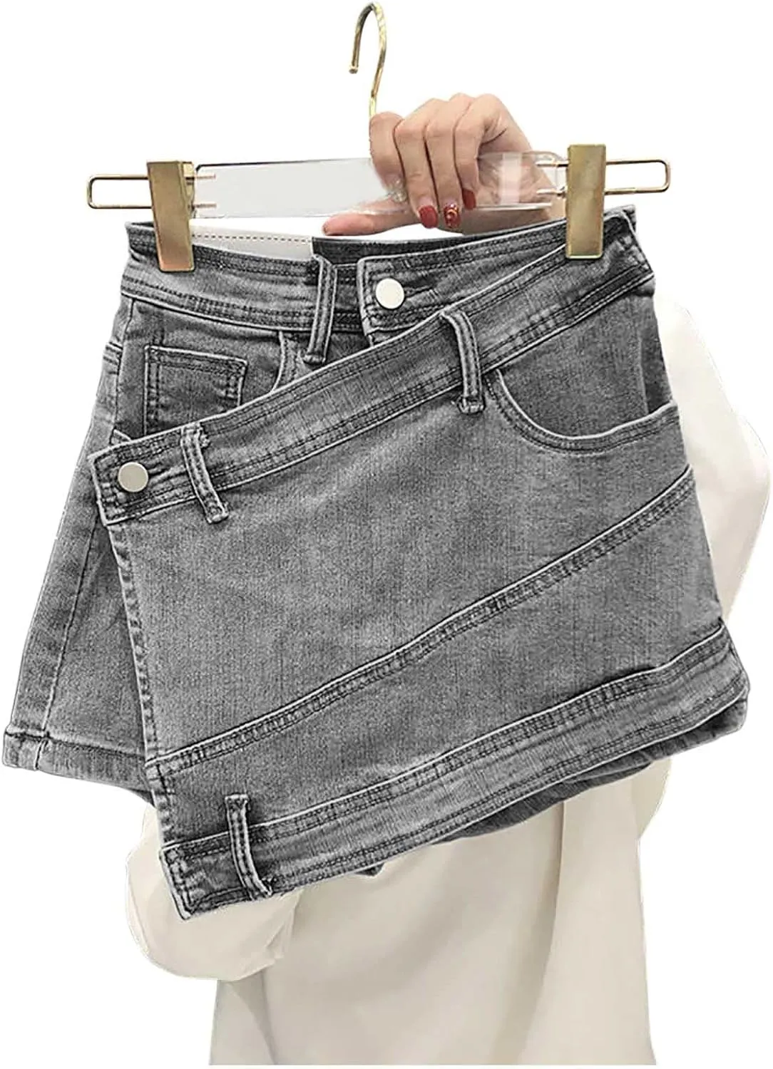 Uillui Women's Y2K Distressed Booty Denim Skorts Trendy High Waist Asymmetrical Hem Stretchy Skinny Jean Skorts Skirt Shorts