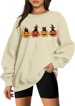 UNIQUEONE Halloween Sweatshirt Women Oversized Black Cat Pumpkin Sweatshirt Fall Pumpkin Face Pullover Tops