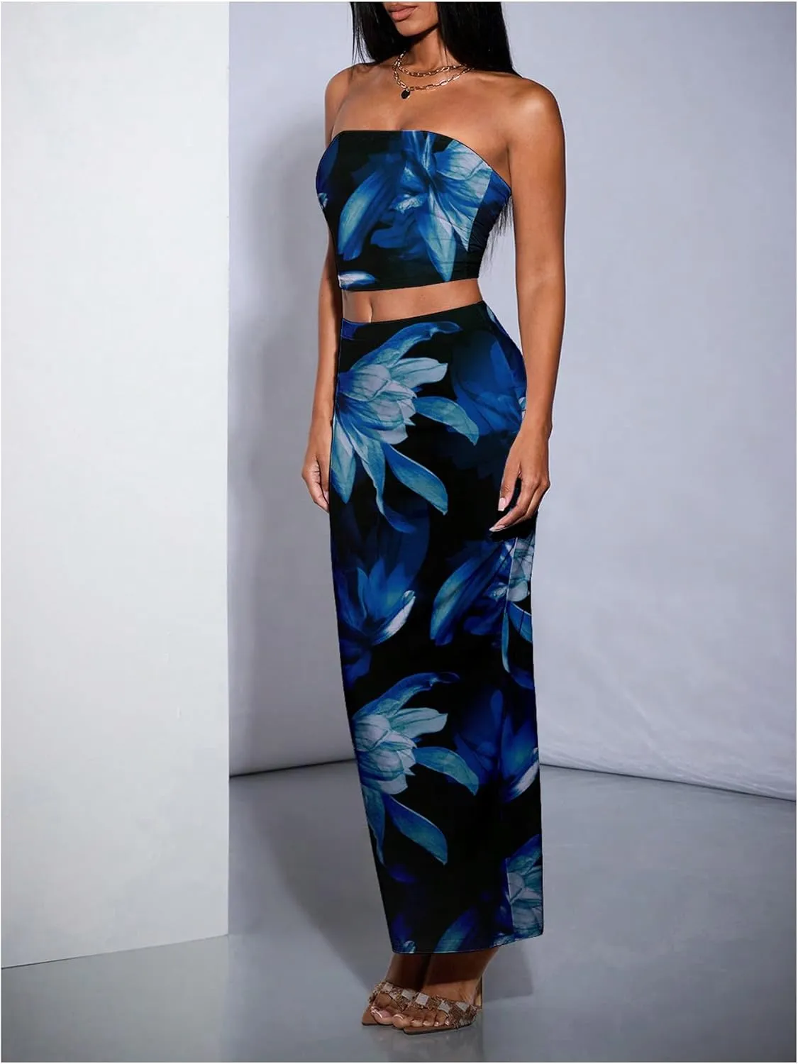 Verdusa Women's 2 Piece Floral Print Outfit Backless Crop Tube Tops and Maxi Bodycon Skirt Set